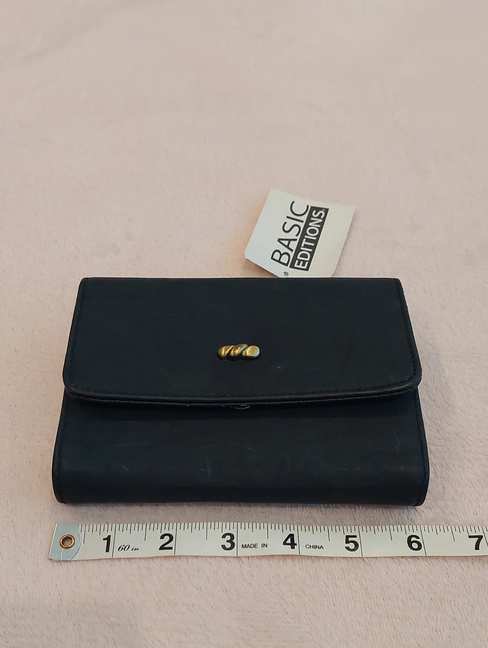 BASIC EDITIONS Classic Black Fold Bi-Fold Wallet with Brass Accent NWT